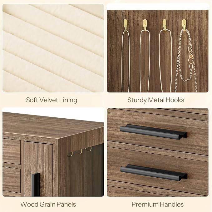 HOOBRO Jewelry Box for Women, Wooden Jewelry Organizer with Transparent Window, 4-Layer Jewelry Organizer Box, Jewelry Holder Organizer for Earrings, Necklaces, Rings, Light Walnut and Black BSD09JB04 - Image 6