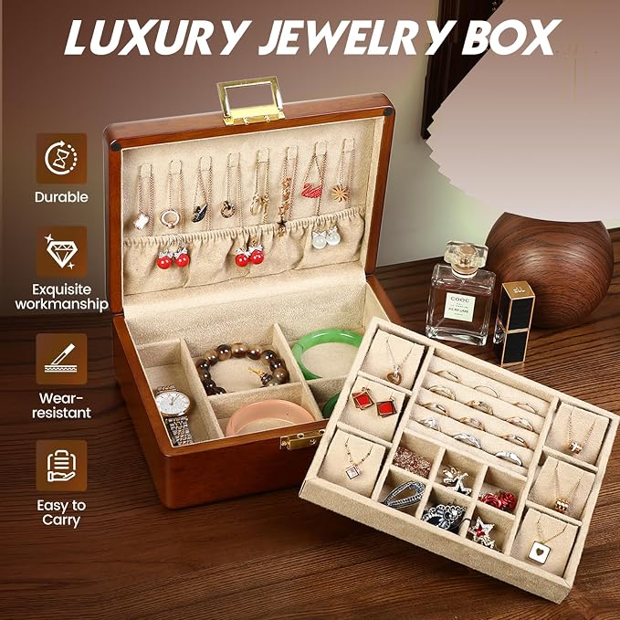 Wooden Jewelry Box with Lock, Double Layer Solid Walnut Wood Jewelry Organizer with Key Velvet Lining for Earrings Rings Necklaces Bracelets Cufflink Pendants Gift Idea Men Women - Image 5