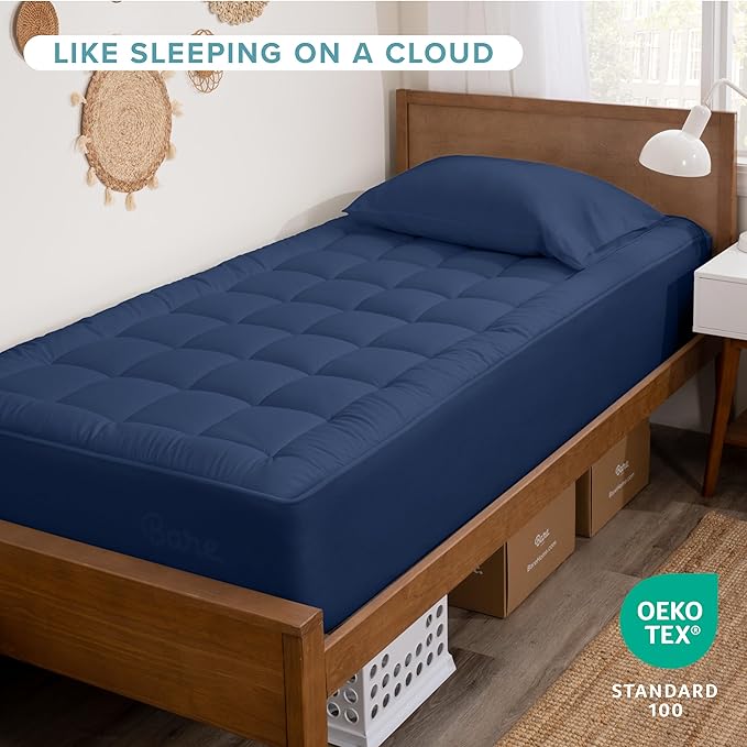 Bare Home Mattress Topper Cotton Top - Twin Extra Long - Plush Topper for Mattress - College Dorm Room Essentials - Cooling Breathable Air Flow - 8" to 21" Deep Pocket - Soft Pad (Twin XL, Dark Blue)