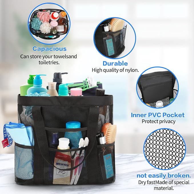 HAOGUAGUA Large Mesh Bathroom Shower Caddy, Mesh Beach Pool Bag, Portable Toiletry Tote Bag for College Dorm Bathroom Gym Swimming (Black) - Image 4