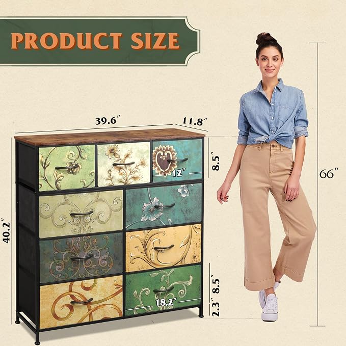 WLIVE 9-Drawer Dresser, Fabric Storage Tower for Bedroom, Hallway, Entryway, Closet, Tall Chest Organizer Unit with Fabric Bins, Steel Frame, Wood Top, Easy Pull Handle, Floral Painted - Image 3
