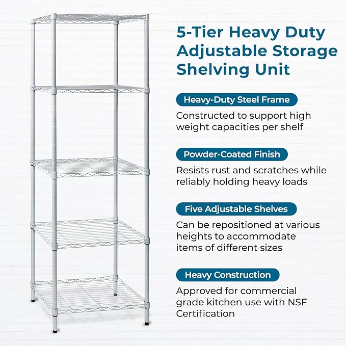 Honey-Can-Do 5-Tier Heavy Duty Adjustable Shelving Unit, 250-lb Per Shelf NSF Certified Metal Storage Rack, White Wire Shelf for Laundry Kitchen Pantry, 24 x 18 x 72 in - Image 7