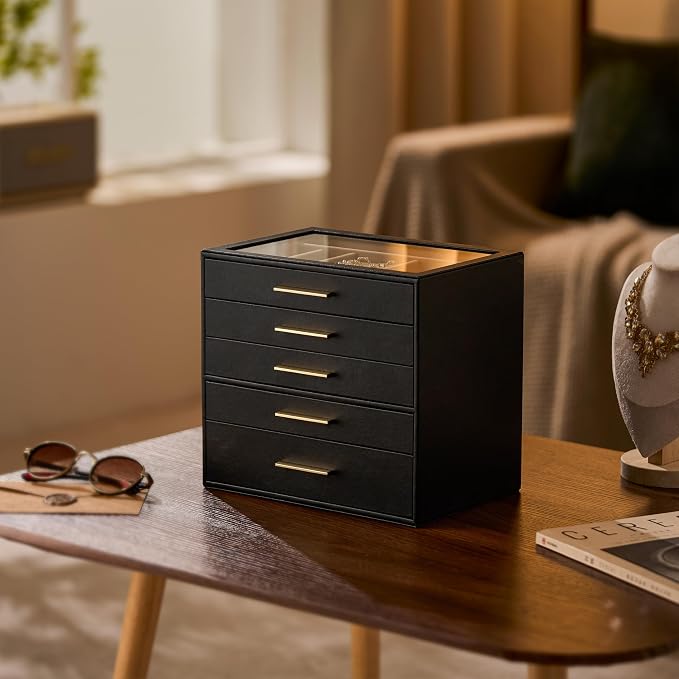 pickpiff Jewelry Box Organizer Case for Women: 5-Layer Jewelry Storage Case with Glass Window, Black Leather with Blush Velvet, Holder for Ring Necklace Bracelet Brooch Watch, Great Gift for Her - Image 7