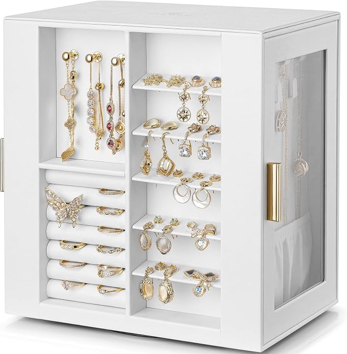 VLANDO 360° Rotating Jewelry Box with 5 Drawers, Large Jewelry Storage with 2 Glass Window, PU Leather Jewelry Organizer for Bracelets, Necklaces, Earrings, Rings - White by VLANDO