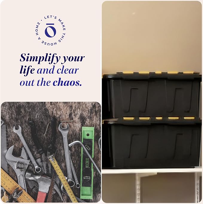 HOMZ 4-Pack Durabilt Tote, Heavy Duty Plastic Storage Bins with Lids, 34 Gallon, Black/Yellow - Stackable Organizing Containers for Home, Garage, and Office - Image 6