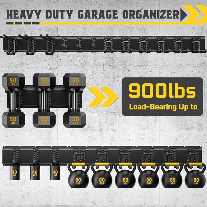 64" Garage Wall Organizer – 12 Longer & Thicker Hooks + 2 Straps, 900 Lbs Heavy Duty Steel Garden Tool Storage Rack & Garage Organization for Yard, Shed, Garage - Image 3