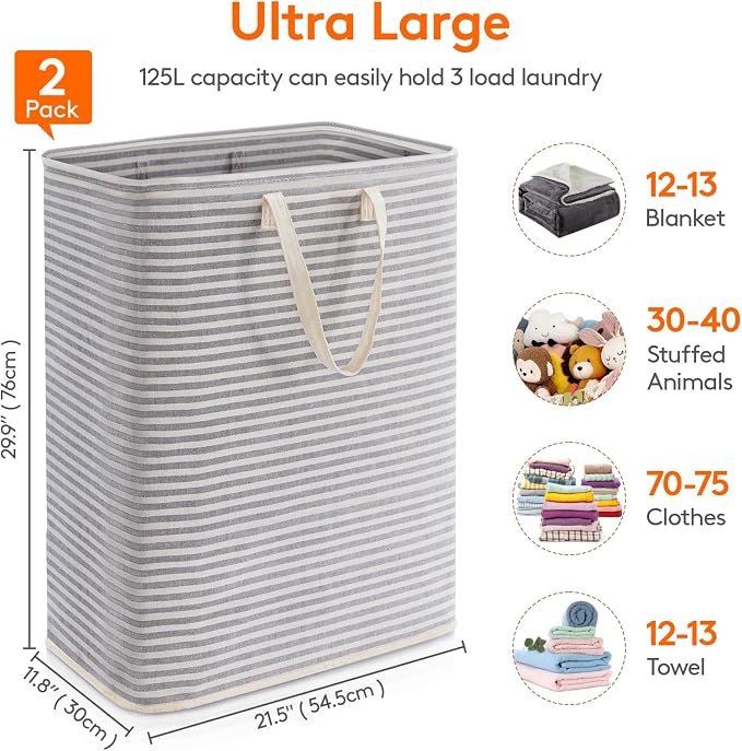 Lifewit 2 Pack Laundry Basket 125L Each, Collapsible Clothes Hamper with Reinforced Handles, Freestanding Waterproof Design for Bedroom and Laundry Room, Grey 250L Total - Image 3