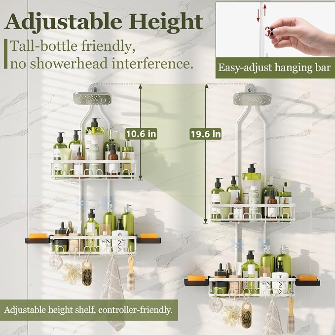 Skyapex Shower Caddy Hanging: Adjustable Height Organizer for Over Showerhead - Rustproof Shower Shelves with Hooks & 2 Soap Holders, White - Image 3