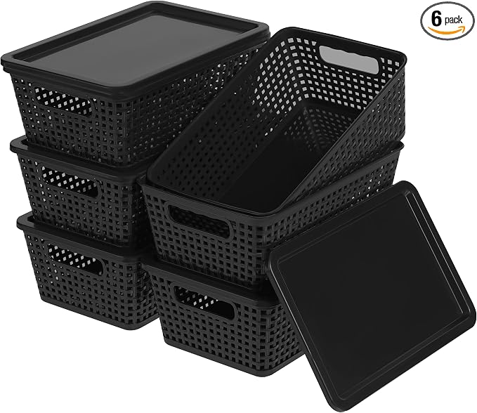 Plastic Storage Baskets With Lid, Storage Bins for Organizing, Stackable Decorative Containers for Shelves Drawers Desktop Closet Playroom Classroom Office, 6 Pack-Black by Unknown