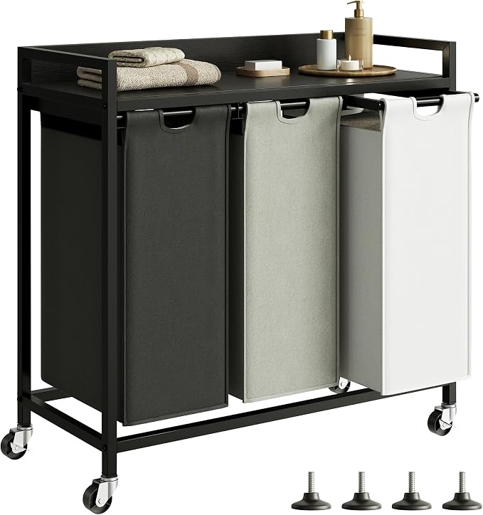Herture Laundry Hampers with Shelf, Laundry Basket 3 Section, Laundry Sorter with Pull-Out Removable Large 3 Color Bags and Movable Wheels, Metal Frame, 3 x 15.87 Gallons (60L), Black PF04XLK by Herture