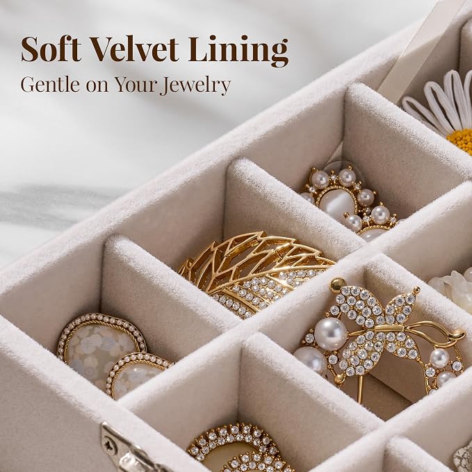 48 Grid Earring Organizer and Storage: Velvet Jewelry Tray with Lid, Jewelry Box for Studs, Earrings, Rings, Necklaces, Dresser & Vanity, Earrings Case for Girls, Women, 13"x8.6"x2.4", Beige - Image 4