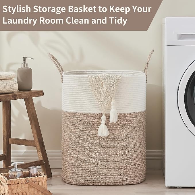 AINUOQI Laundry Basket with Handles - Blanket Basket & Hampers for Bedroom Aesthetic, Laundry Hamper & Blanket Storage for Living Room, Clothes Hamper, Tall, Large 17" x 14" x 26”, White & Rice Brown - Image 5