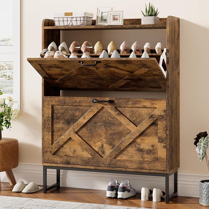 Nicetree Shoe Cabinet Organizer with 2 Flip Drawers, Freestanding Narrow Rack with Metal Legs, Farmhouse Slim Shoe Storage for Entryway, Foyer, Hallway, Rustic Brown by Nicetree