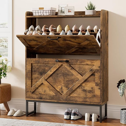 Nicetree Shoe Cabinet Organizer with 2 Flip Drawers, Freestanding Narrow Rack with Metal Legs, Farmhouse Slim Shoe Storage for Entryway, Foyer, Hallway, Rustic Brown by Nicetree