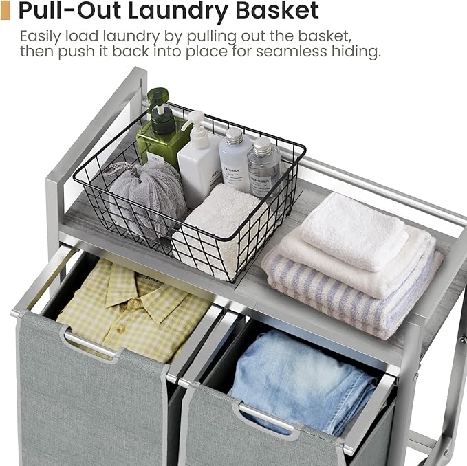 SwaaVee Laundry Hamper, Laundry Basket, Laundry Sorter with 3 Removable Bags, Clothes Basket with 3 Compartments, Wheels, Shelf for Laundry Room Bathroom Bedroom (2 Bags-Gray) - Image 5