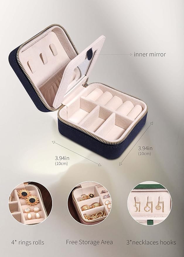 S.Leaf Travel Jewelry Organizer Boxes for Women Small Portable Necklace Earrings Bracelet Rings Travel Case Best Friend Birthday Gifts for Women Trendy (06_Suede_Touch_Navy) - Image 4