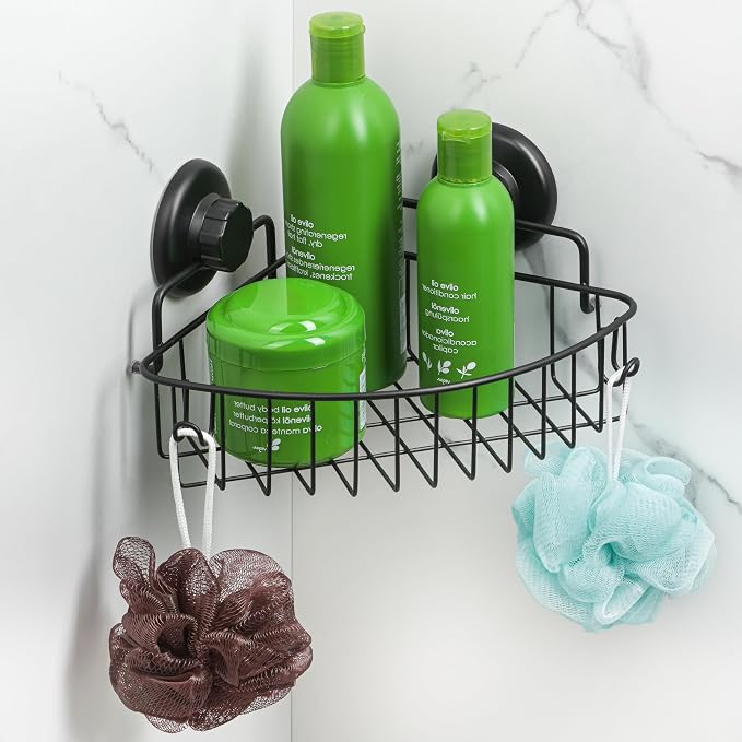 HASKO accessories Corner Shower Caddy with Suction Cup Shower Shelf with Hooks, Stainless Steel Bathroom Caddy, Wall Mounted Shower Basket for Bathroom, Adhesive 3M Stick Discs Included (Black) by HASKOaccessories