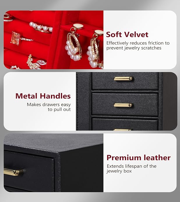 Homde Large Jewelry Box/Organizer/Case with Glass Window, Drawers for Necklaces Earrings Rings Bracelets Watches Gift for Women Girls - Image 5