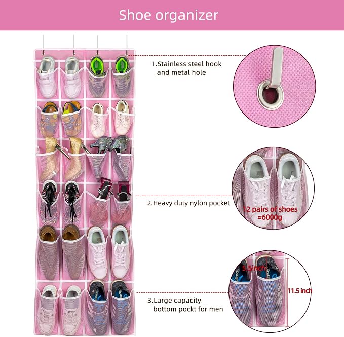 SAVERHO 2 Pack Hanging Shoe Organizer，Over Door Shoe Organizer with 24 Mesh Large Pockets Shoe Storage Bag for Sport Shoes Size:58x21 Inch Hanging Door Shoe Rack Organizer (Pink-2pack) - Image 6
