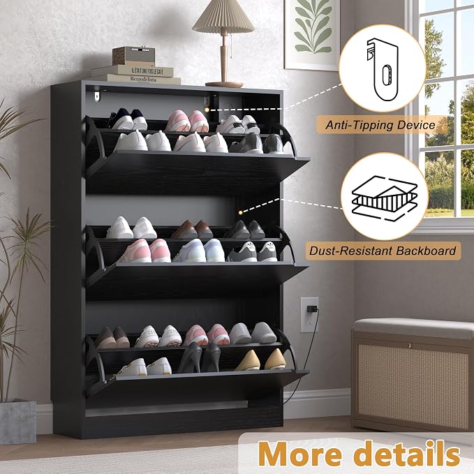 BORNOON Shoe Cabinet with Odor Control and Back Panels, Deodorizing Slim 3-Flip Shoe Storage Cabinet for Entryway, Freestanding Hidden Shoe Rack Organizer for Entrance, Hallway, Bedroom - Image 6