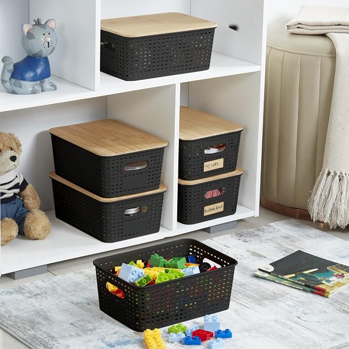 Bagnizer Small Plastic Storage Bins with Bamboo Lids 5.2qt Stackable Box Basket Pantry Decorative Containers Cute with Labels for Organizing Desktop Closet Office Black of 6 packs 10 * 7.2 * 4.1" - Image 4