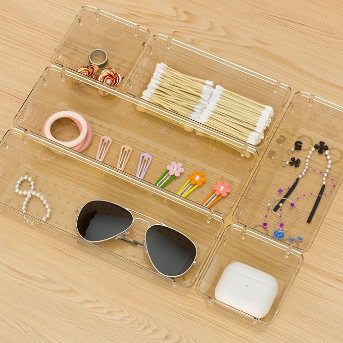 WOWBOX 6 Pack Clear Drawer Organizer Set, Acrylic Drawer Storage Trays, Storage Bins for Makeup, Cosmetics, Jewelries, Utensils, Gadgets, Office, Champagne - Image 6