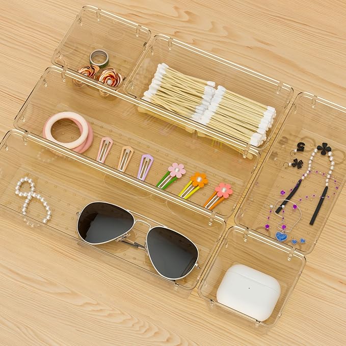 WOWBOX 12 Pack Clear Drawer Organizer Set, Acrylic Drawer Storage Trays, Storage Bins for Makeup, Cosmetics, Jewelries, Utensils, Gadgets, Office, Champagne - Image 6