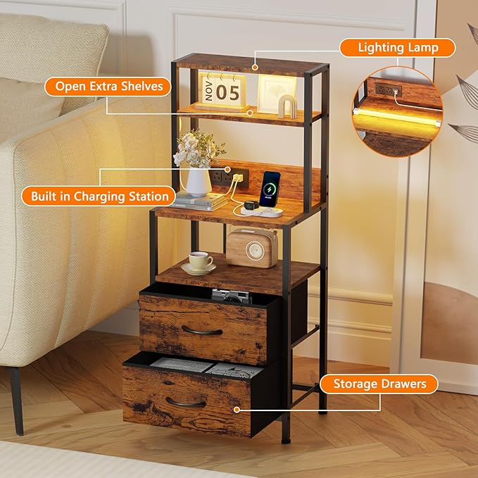 Furnulem Nightstands Set of 2, Tall Night Stand Set with Charger Station, 2 Fabric Drawers and Light Tube, Bedside End Table with 4-Tier Shelves, Bed Side Tables for Bedroom, Office, Rustic Brown