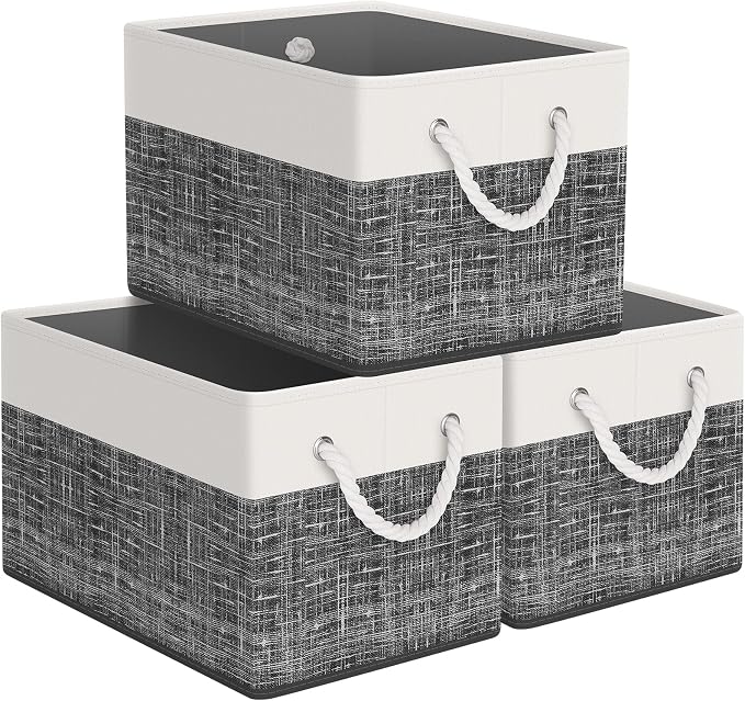 StorageTastic Storage Bin,Collapsible Storage Basket For Organizing,Large Storage Boxes With Rope Handles,Storage Containers,White & Black,3 Pack by StorageTastic