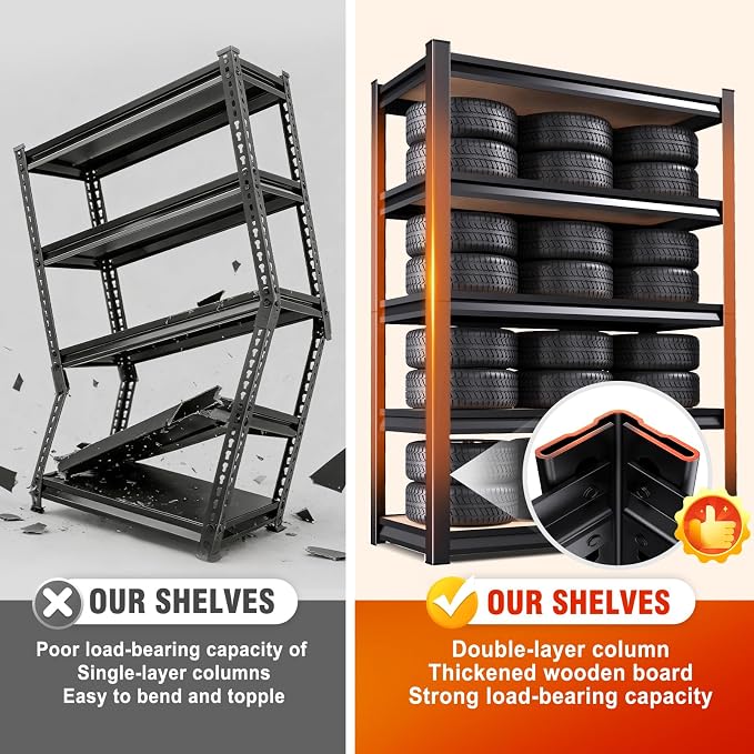 71.2"H Storage Shelves, 5 Tier Adjustable Wood Garage Shelving, Utility Tall Metal Shelving Unit, Easy to install Standing Garage Storage for Warehouse,Bedroom,Basement,31.5"W X 13.8"D X 71.2"H - Image 6