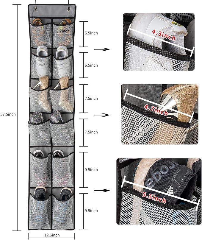 KEEPJOY Over The Door Shoe Organizer 2 Pack,Mesh Pockets Hanging Shoe Rack Over The Door,Shoe Storage Closet with 4 Hooks,Washable and Breathable Fabic,Large Size 57.5×12.6inch(Grey) - Image 3