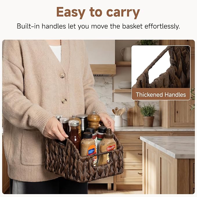 StorageWorks Pantry Baskets for Organizing, Water Hyacinth Storage Baskets for Shelves, Small basket with Built-in Handles, Pantry Organizers and Storage, Brown, Set of 2 - Image 3