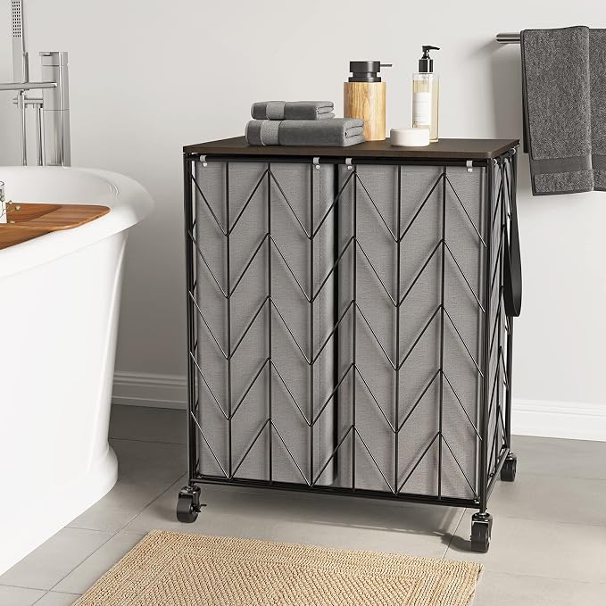 WOWLIVE Laundry Basket with Wheels, Heavy Duty Laundry Hamper with Wood Lid, Clothes Hamper with Divided Removable Liner Bag, Large Capacity Iron-Made Laundry Sorter Laundry Room Organization (Grey) - Image 2