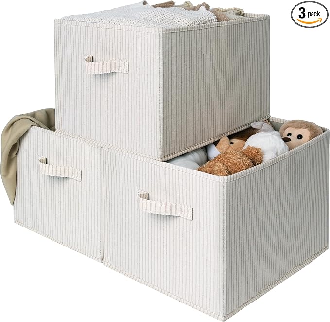 StorageWorks Foldable Shelf Organizer Bins, Closet Storage Baskets for Clothes, Storage Bins for Organization, Beige Stripes, 3-Pack, Extra Large by StorageWorks