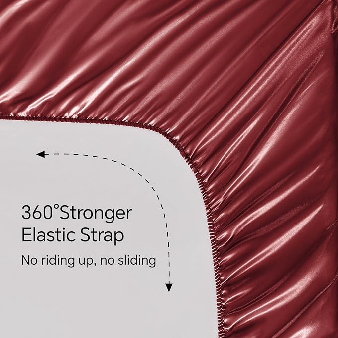 BEDELITE California King Sheets Set, Luxury Soft Burgundy Satin Sheets for Hair and Skin, Similar to Silk Bed Sheets Set 4 Pieces with 1 Deep Pocket Fitted Sheet, 1 Flat Sheet, and 2 Pillowcases
