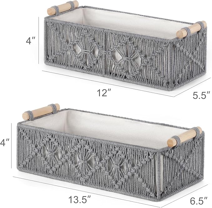 Mkono Macrame Storage Baskets Boho Decor Box Handmade Woven Decorative Countertop Toilet Tank Shelf Cabinet Organizer for Bedroom Livingroom Home, Set of 2, Grey - Image 6