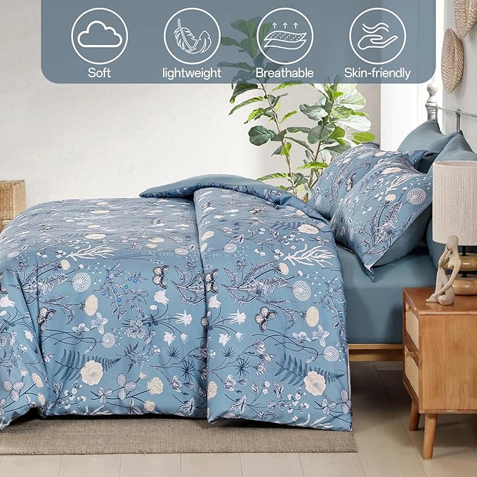 Yiran Blue Comforter Set Queen Size, 7 Piece Floral Comforter Bedding Set, Botanical Farmhouse Bed in a Bag, Soft Microfiber Complete Bedding Set with Sheets for All Season