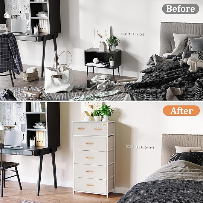 Fabric Dresser for Bedroom, Tall Skinny Dresser with 6 Drawers, Storage Organizer Tower, Steel Frame Wooden Top for Closet, Living Room, Hallway(Beige) - Image 3