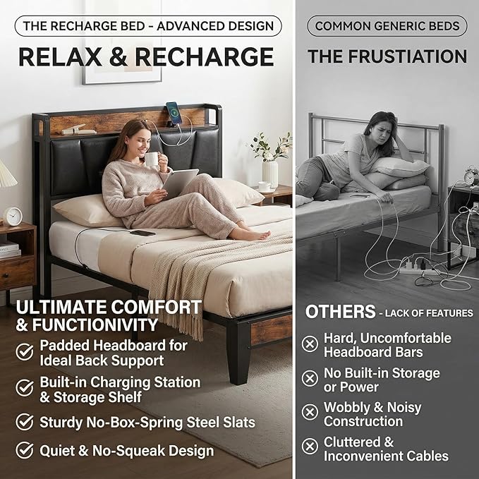 LIKIMIO Twin Bed Frame, Storage Headboard with Charging Station, Solid and Stable, Noise Free, No Box Spring Needed, Easy Assembly (Vintage and Black)