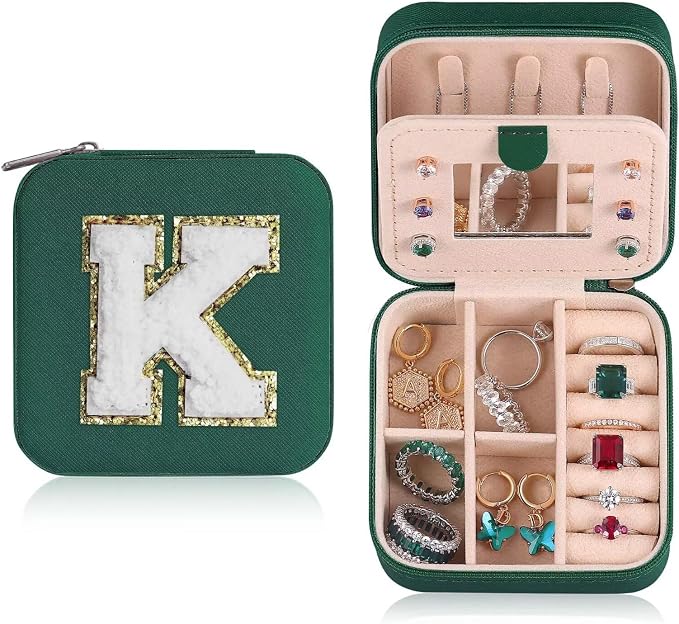 ETHOON Jewelry Travel Case Small Organizer Stocking Box Personalized Gifts Teenage Jewelry Accessories Holiday Christmas Gift for Women Green, Letter K by ETHOON