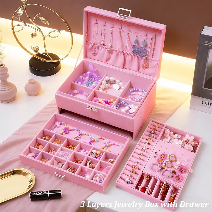 QBestry 3-Layer Jewelry Box for Girls & Teens with Lock and Key, Large Jewelry Organizer with 8 Necklace Hooks & 56 Earring Holes, Pink Velvet Jewelry Storage Box for Necklaces Earrings Rings Bracelet - Image 4