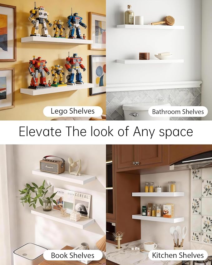 BAYKA Floating Shelves White, 22.5 inch Rustic Wood Wall Mounted Shelves for Bathroom, Bedroom, Living Room, Kitchen & Office, Hanging Shelf Deocr Display with 22 lbs Capacity, Set of 2 - Image 6