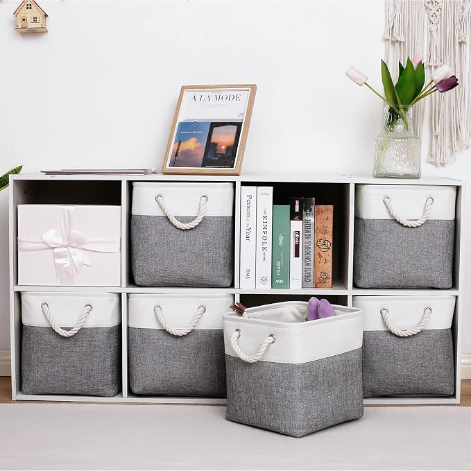 MidmmVick 11 x 11 Inch Cube Storage Bins, 6 Pack Large Collapsible Fabric Storage Bin with Ropes, Foldable Storage Cubes for Home, Office,Closet, Clothes, Toys Organizer (White & Grey-11"x11"x11") - Image 2
