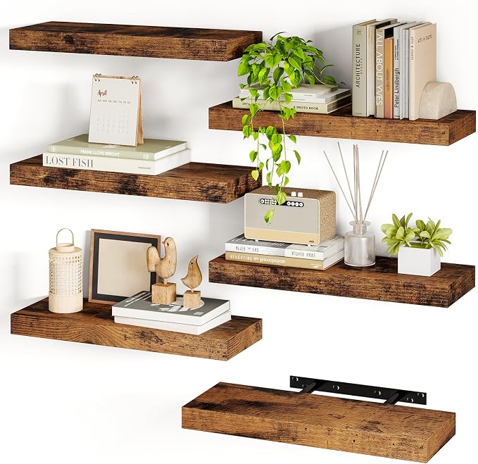 Fixwal 15.8in Floating Shelves, Set of 6 Wood Shelves, Farmhouse Shelf Wall Decor for Bathroom, Bedroom, Living and Kitchen Room (Rustic Brown) by Fixwal