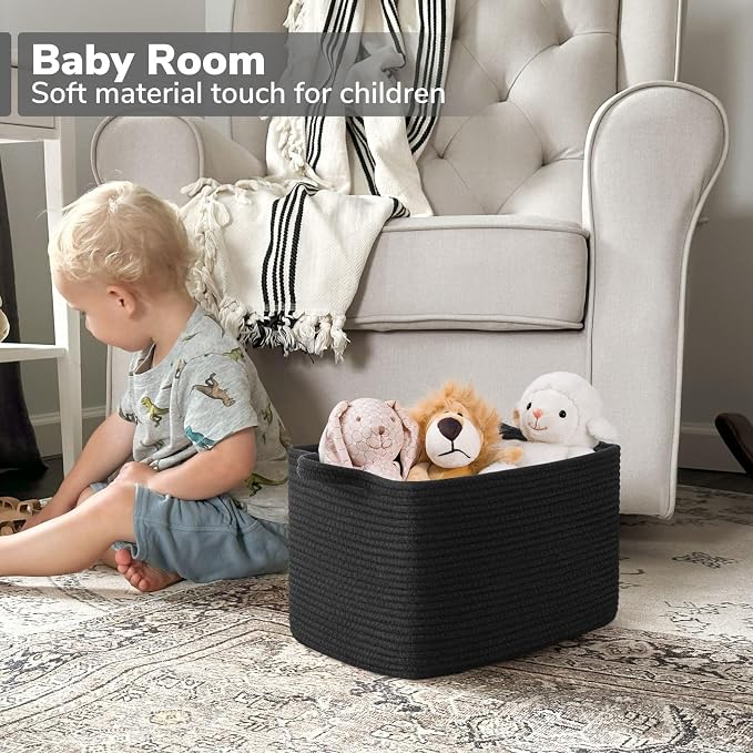 Goodpick Woven Storage Baskets for Organizing, Cotton Rope Organizer for Living Room Bedroom, Black Laundry Basket with Handles, Stylish Gift Baskets for Baby Boys, 13"x10"x9" - Image 4
