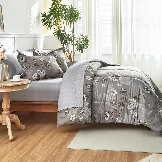 AIKASY 7-Piece Queen Size Bed in a Bag Comforter Set - Taupe Floral Ensemble with Reversible Botanical Flowers Comforter, Sheets, Pillowcases & Shams