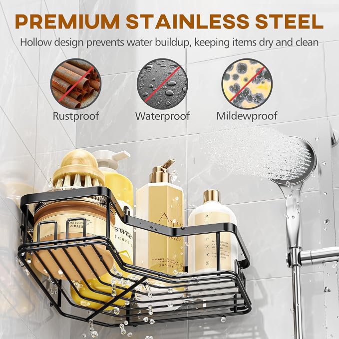 MAXIFFE 3 Pack Corner Shower Caddy with Soap Holder, Large Capacity Sturdy Easy Install No Drilling Stainless Steel Hold 40 LBS Shower Organizer Shelves Rack Storage for Family Renters Bathroom, Black - Image 5