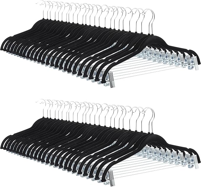 Amazon Basics Velvet Non-Slip Skirt Clothes Hangers with Clips, 360 Degree Rotatable Hook, Sturdy Construction, Organize Pants and Skirts, Black/Silver, 50-Pack by AmazonBasics