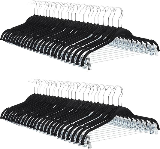 Amazon Basics Velvet Non-Slip Skirt Clothes Hangers with Clips, 360 Degree Rotatable Hook, Sturdy Construction, Organize Pants and Skirts, Black/Silver, 50-Pack by AmazonBasics