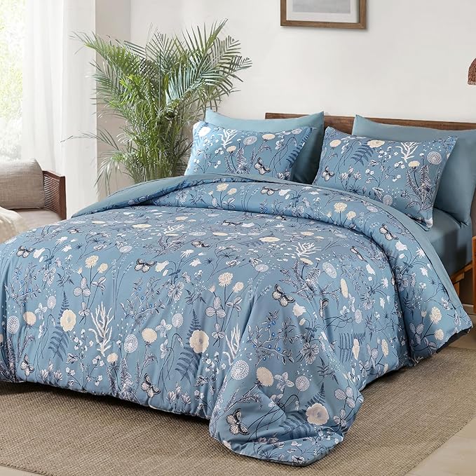Yiran Blue Comforter Set King Size, 7 Piece Floral Comforter Bedding Set, Botanical Farmhouse Bed in a Bag, Soft Microfiber Complete Bedding Set with Sheets for All Season